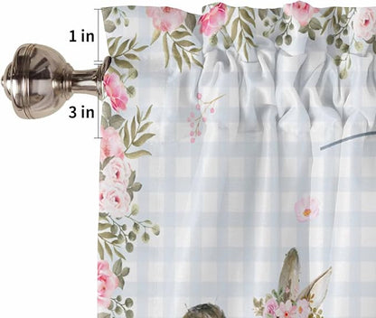Rabbits Flowers Easter Kitchen Curtains and Valances Set,Eucalyptus Leaf Spring Summer Window Tiers Grey White Buffalo Plaid Half/Short Curtains for Small Windows Cafe /Living Room/ Bedroom 54x24 in