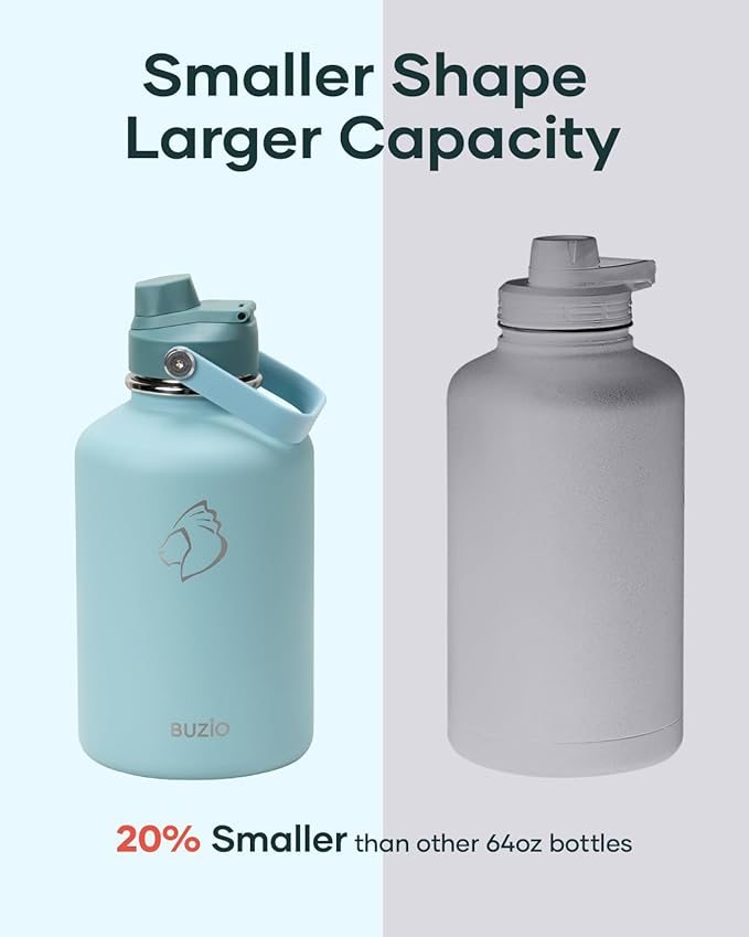 64 oz Insulated Water Bottle BUZIO Half Gallon Stainless Steel Water Jug with Carrying Pouch and Straw Lid, Keep Cold 48h Lead-Free Double Wall Vacuum Sports Flask Metal Canteen for Gym Camping, Green