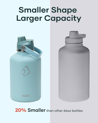 64 oz Insulated Water Bottle BUZIO Half Gallon Stainless Steel Water Jug with Carrying Pouch and Straw Lid, Keep Cold 48h Lead-Free Double Wall Vacuum Sports Flask Metal Canteen for Gym Camping, Green