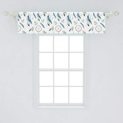 Ambesonne Tribal Window Valance, Aztec Exotic Feathers Dreamcatchers Traditional Folk Watercolor Boho Art, Curtain Valance for Kitchen Bedroom Decor with Rod Pocket, 54" X 12", Blue Green