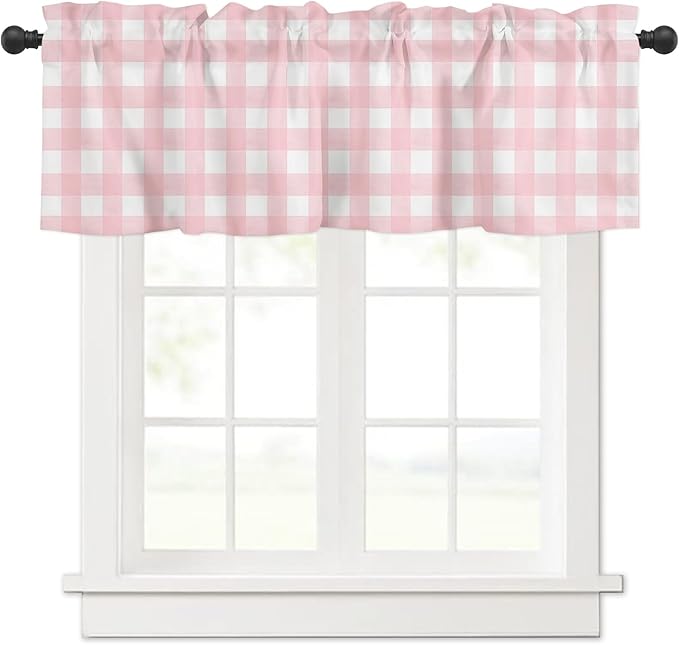 Christmas Valance Curtains for Kitchen Windows Rustic Pink White Buffalo Check Plaid Pattern Rod Pocket Window Treatment Toppers for Kitchen/Living Room/Bedroom/Bathroom, 42" X 18", Farmhouse