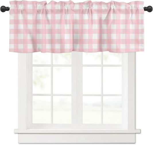 Christmas Valance Curtains for Kitchen Windows Rustic Pink White Buffalo Check Plaid Pattern Rod Pocket Window Treatment Toppers for Kitchen/Living Room/Bedroom/Bathroom, 42" X 12", Farmhouse