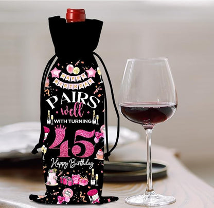 45th Birthday Gifts for Women Men Wine Bag, 45 Year Old Birthday Gifts for Men, Happy 45th Birthday Party Decorations for Women Men, Pairs Well with Turning 45 Wine Bottle Bags (Black Pink)