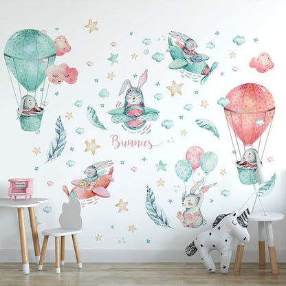 Bunny Wall Decals for Kids by Lipastick - 143 pcs Rabbits Wall Stickers Peel and Stick - Hot Air Balloon Wall Decals for Girls Boys Kids Baby Nursery Room Bedroom - Bunies Wall Decor Aircraft L Size