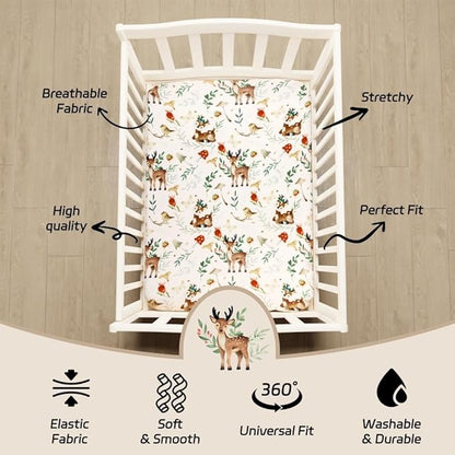 4 Pack N Play Sheets Woodland Forest Animals Wood Neutral Unisex Fitted Baby N Play Sheets Fitted for Standard Pack and Plays and Mini Cribs Set for Baby Boys or Girls (Beer)