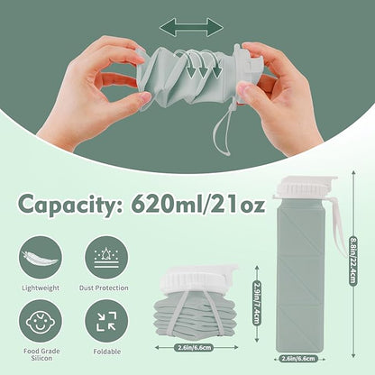 20 oz Water Bottle Collapsible | BPA Free Leakproof Lightweight Foldable Silicon Water Bottles | Twistable Water Cup | for Travel Gym Hiking Outdoor Camping Running Cycling Sports (Green)