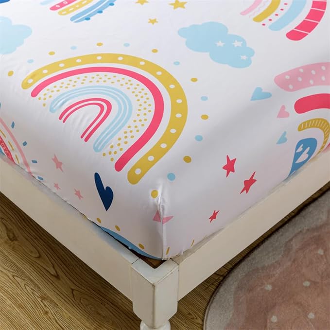 qjmiaofang Girls Rainbow Fitted Sheet Full Size Rainbow Sheets 4pieces Cartoon Cloud Bedding Set Girly Rainbow Bed Sheet Set Stars Sheet Set 1 Fitted Sheet 1 Flat Sheet 2 Pillowcase for Home