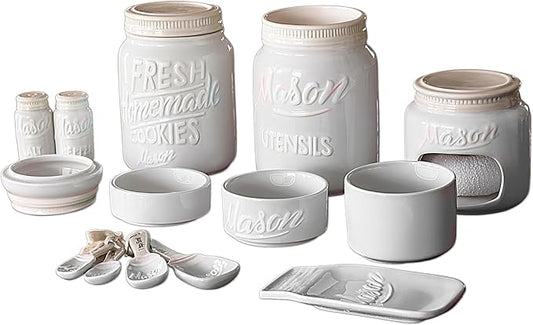 Mason Jar Kitchen Accessories Set - Ceramic Jar with Lid, Measuring Cups & Spoons, Utensil Holder for Stove, and Sponge Holder Ceramic - Vintage Utensil Rest & Condiment Shakers (White, 17-Pieces)