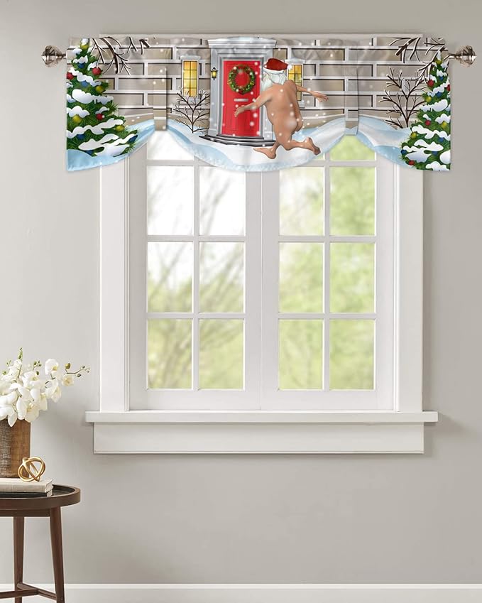 Christmas Farmhouse Blackout Tie Up Valance Curtains for Kitchen Windows Funny Santa Claus Window Toppers Balloon Shades for Living Room/Bathroom/Bedroom,1 Panel,54" X 18" Holly Xmas Tree