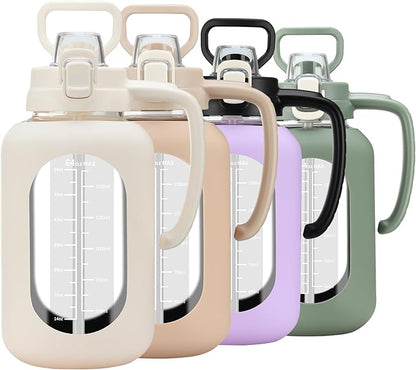 64 oz Glass Water Bolttles Half Gallon Large Motivational Water Bottle with Time Marker Sports Water Bottles with Silicone Sleeve and Handle Lid Water Jug for Gym Workout-1 Pack