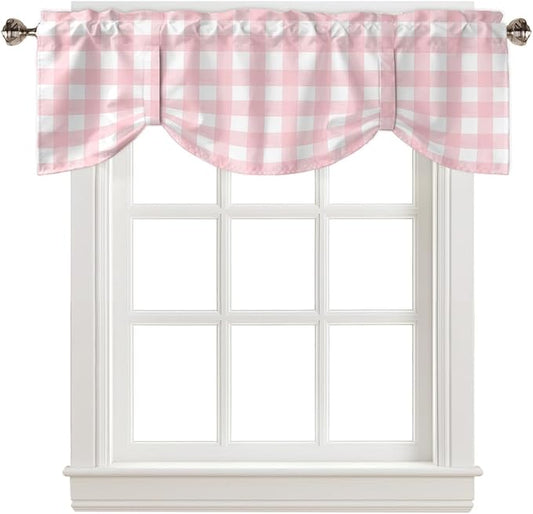 Christmas Blackout Tie Up Valance Curtains for Kitchen Windows Rustic Pink White Buffalo Check Plaid Pattern Window Toppers Balloon Shades for Living Room/Bathroom/Bedroom,1 Panel, 42" X 12",Farmhouse
