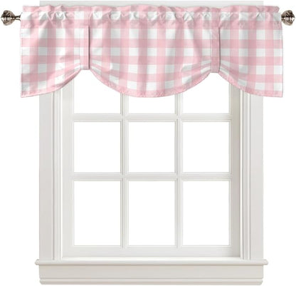 Christmas Blackout Tie Up Valance Curtains for Kitchen Windows Rustic Pink White Buffalo Check Plaid Pattern Window Toppers Balloon Shades for Living Room/Bathroom/Bedroom,1 Panel, 60" X 18",Farmhouse