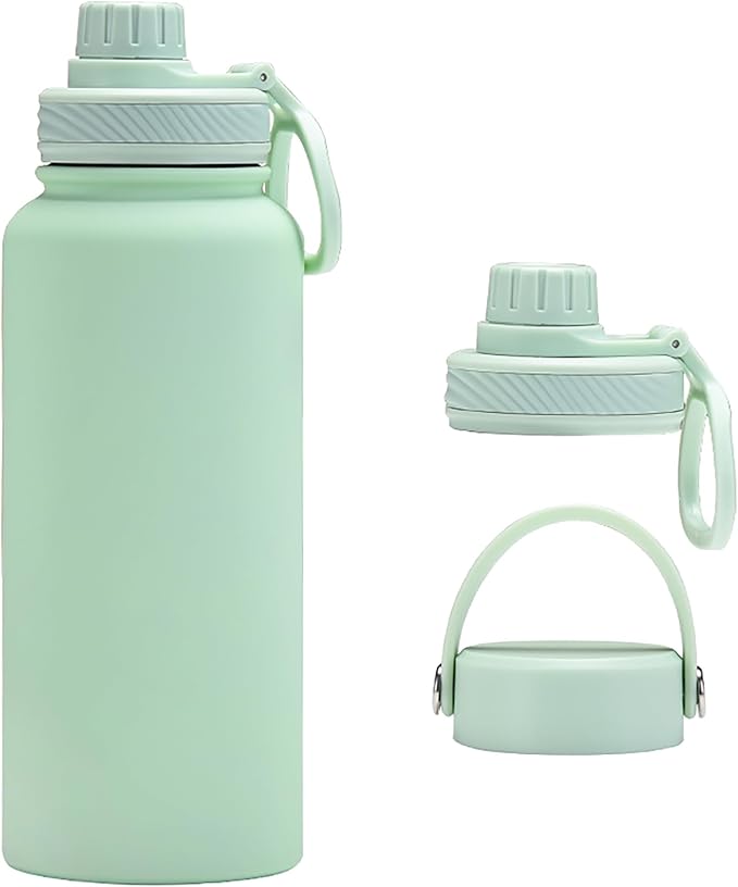 Mint Green 32 OZ Insulated Water Bottle, Large Metal Insulated Stainless Steel Water Flask, Big Sports Travel Water Bottle with 2 Lids, Insulated Sage Green Thermos Thermal Mug Cup