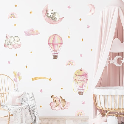 Pink Hot Air Balloon Elephant Panda Rainbow Wall Decals The Moon and Stars Nursery Wall Stickers Baby Girl Room Wall Decor