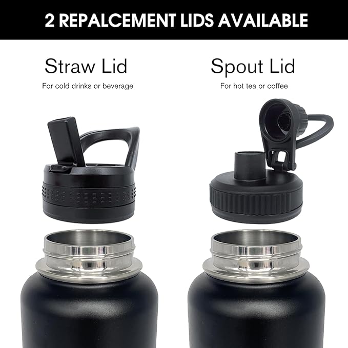 4pack 32 oz Insulated Water Bottle With Straw, Stainless Steel Sports Water Cup Flask with 2 Lids, Wide Mouth Travel Thermal Mug,Black