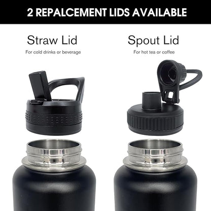 4pack 32 oz Insulated Water Bottle With Straw, Stainless Steel Sports Water Cup Flask with 2 Lids, Wide Mouth Travel Thermal Mug,Black