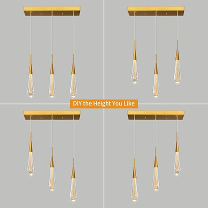 LMQNINE 3 Light Gold Pendant Light Ceiling Dimmable LED Modern Kitchen Light Fixtures Mini Teardrop Crystal Pendant Light for Kitchen Island Bedroom Hallway Entryway