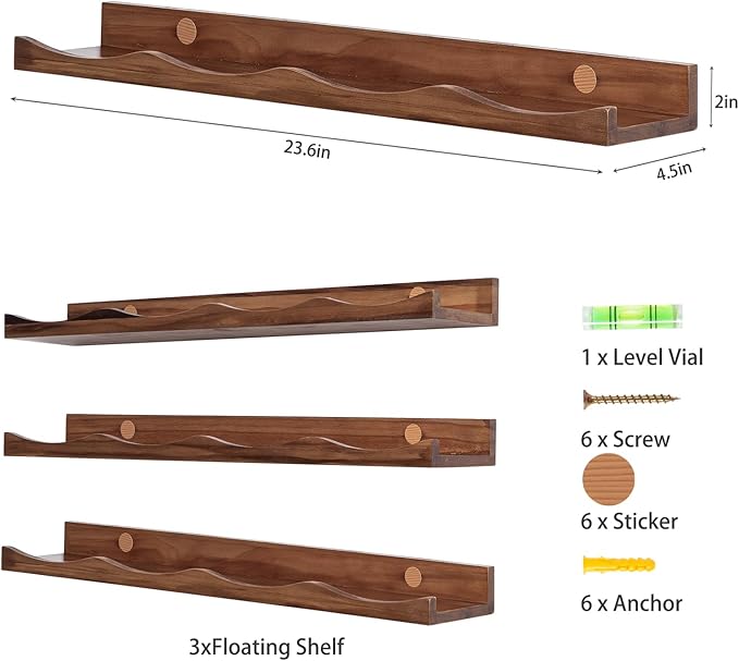 AZSKY Nusery Book Shelves for Kids, Picture Ledge Shelf for Wall Decor and Storage, Floating Photo Shelves with Lip for Picture Frames (Walnut, 23.6 Inches)