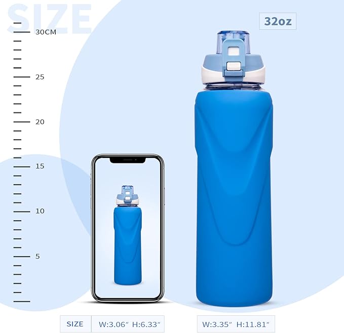 32 oz Sports Glass Water Bottle with Straw & Silicone Sleeve Reusable BPA-free Borosilicate Glass Drinking Bottle with Flip Top Lid & Handle Wide Mouth (Dark Blue)