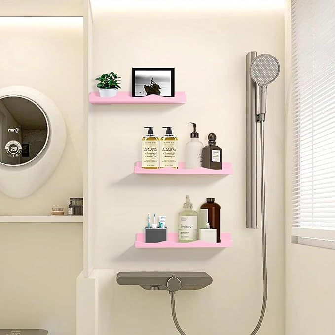 AZSKY Floating Bookshelf for Kids, Picture Ledge Shelf for Wall Decor and Storage 16 Inches Nursery Book Shelves Set 3, Baby Book Shelf for Kids Room Decor(Pink)