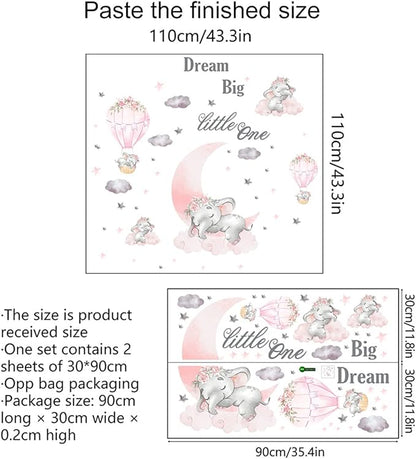 Dream Big Little One Elephant Wall Stickers - Pink & Gray Design, 110cm x 43.3in