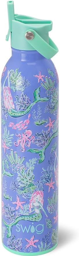 Swig Life 26oz Insulated Water Bottle with Straw & Flip + Sip Handle | Leak Proof, Dishwasher Safe, Cup Holder Friendly, Stainless Steel Water Bottle (Under the Sea)