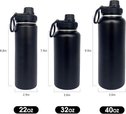 4pack 32 oz Insulated Water Bottle With Straw, Stainless Steel Sports Water Cup Flask with 2 Lids, Wide Mouth Travel Thermal Mug,Black