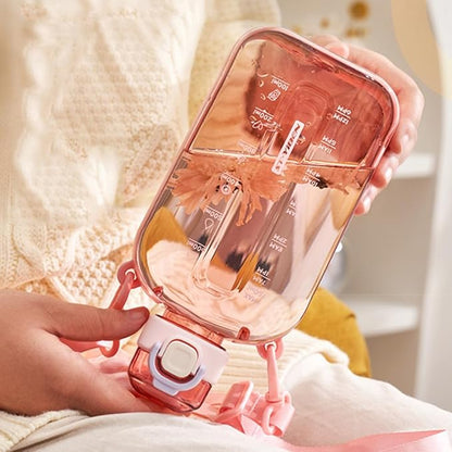 750ML Square Transparent Water Bottle, Cute Sports Water Jug with Adjustable Strap, Portable Motivational Water Bolttles for Travel, Hiking and Outdoor Workouts