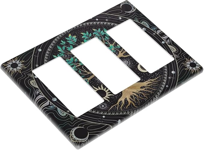 Tree of Life Blackground 3 Gang Rocker Light Switch Plate Hippie Sun Moon Star Triple Decora Outlet Wall Plate Cover Faceplate Decorative Switchcovers GFCI for Bathroom Bedroom Living Room Decorate