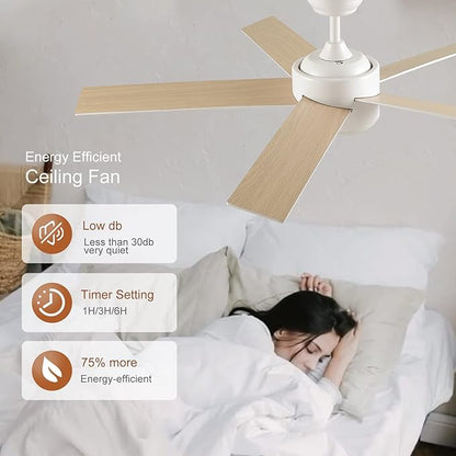 52 inch White Ceiling Fans with Lights and Remote, Wooden 5 Blades LED Modern Ceiling Fan for Bedroom, Living Room, Dining Room, 3 CCT 6-Speed Quiet Reversible