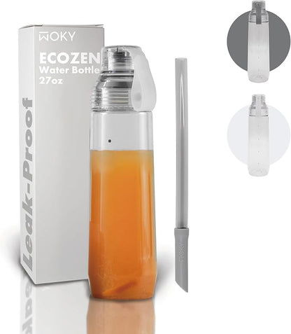 WOKY Ecozen 27oz Water Bottle - Clear Aesthetic Water Bottle with Silicone Carry Strap, Leak Proof and Reusable, Ideal for Gym, Travel, and Everyday Use (Clear)