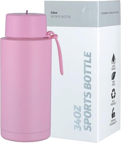 AGH 30oz Water Bottle - Double Wall Vacuum Insulated Stainless Steel Tumbler with Straw - Pink