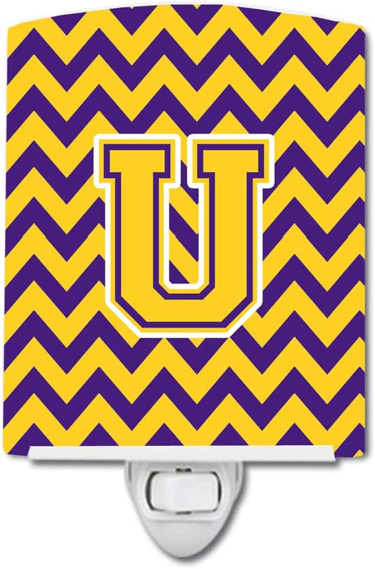 Caroline's Treasures CJ1041-UCNL Letter U Chevron Purple and Gold Ceramic Night Light Compact, UL-Certified, Ideal for Bedroom, Bathroom, Nursery, Hallway, Kitchen, 6x4x3, Multicolor