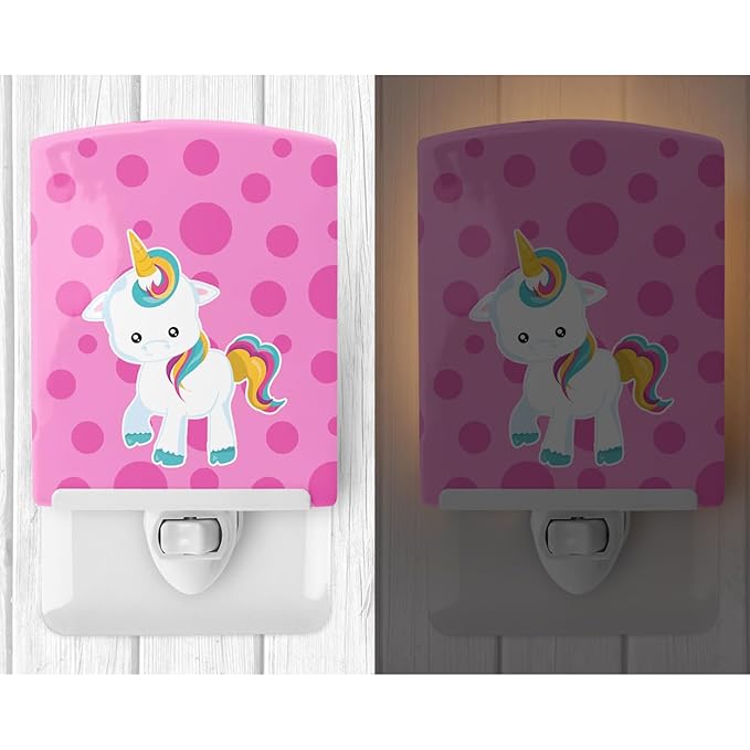 Caroline's Treasures BB6805CNL Pink Polkadot Unicorn Ceramic Night Light Compact, UL-Certified, Ideal for Bedroom, Bathroom, Nursery, Hallway, Kitchen, 6x4x3, Multicolor