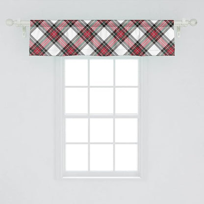 Ambesonne Tartan Window Valance, Traditional Plaid with Diagonal Lines and Rhombuses Scottish Culture Inspirations, Curtain Valance for Kitchen Bedroom Decor with Rod Pocket, 54" X 12", Coral Black