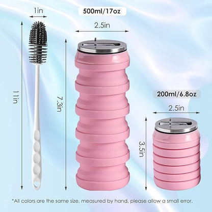 BeHeSo Collapsible Water Bottles with Silicone Brush - Straw Silicone Foldable Water Bottle Reusable Camping Cup Leak Proof Portable Travel Sport Water Bottle-500ml/17oz (Pink)