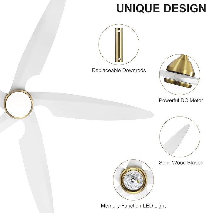 54 Inch Modern Ceiling Fan with Lights and Remote, 5 Wood Blades, 6-Speed Noiseless Reversible DC Motor with Replaceable Downrods for Bedroom Living Room Dining Room, White and Gold.