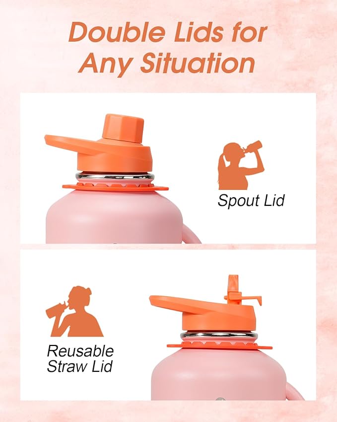 64oz Insulated Water Bottle, Coolflask Half Gallon Water Jug With Handle Straw Stainless Steel Double-Walled Vacuum Metal Large Flask With Strap Bpa-Free Leakproof, Keep Cold 48 Hrs, Sunny Orange