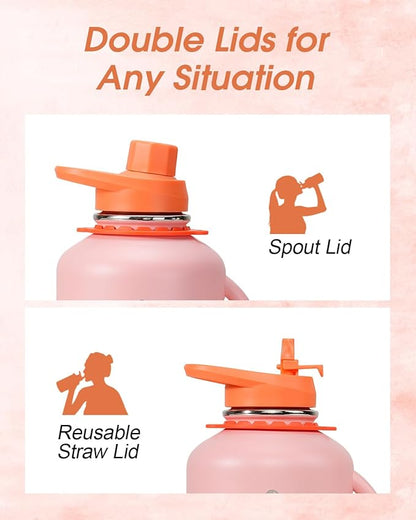 64oz Insulated Water Bottle, Coolflask Half Gallon Water Jug With Handle Straw Stainless Steel Double-Walled Vacuum Metal Large Flask With Strap Bpa-Free Leakproof, Keep Cold 48 Hrs, Sunny Orange