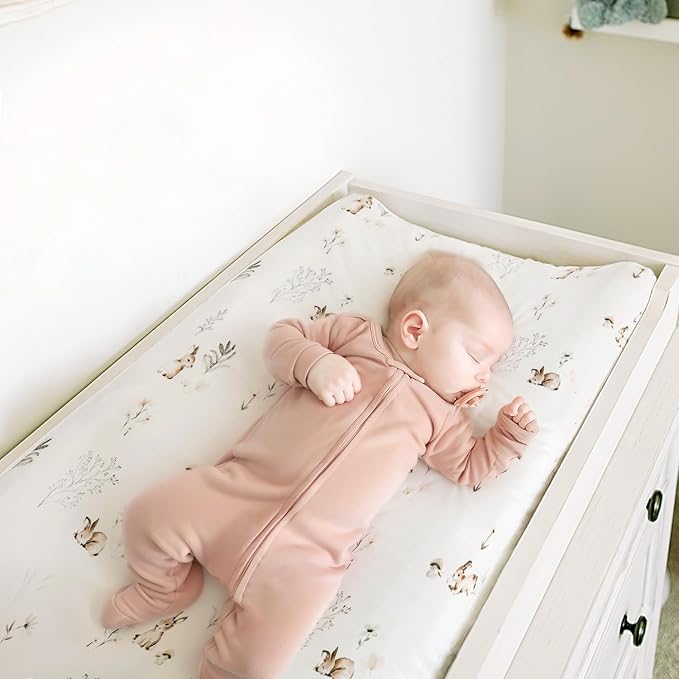 GRSSDER Stretch Ultra Soft Jersey Knit Changing Pad Cover Set 2 Pack, Change Table Pad Covers Fit 32"/34" x 16" Pads Safe and Snug, Pretty Pattern for Boys and Girls, Stylish Watercolor Rabbit Pattern