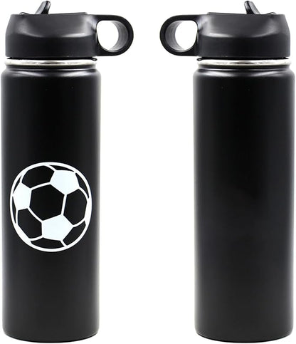 22 oz Soccer Water Bottle, Wide Mouth Travel Sports Flask with 2 Lids（Straw Lid+Flex Cap）BPA Free 18/8 Stainless Steel Double Wall Vacuum Insulated Water Bottles (22oz, Soccer)