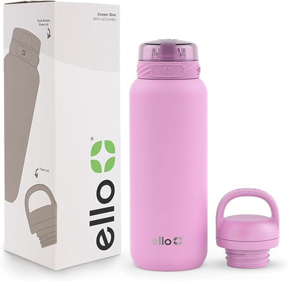 Ello Cooper 32oz Stainless Steel Water Bottle with 2 Lids Chug and Straw | Leak Proof | Double Walled and Vacuum Insulated | Built in Carry Loop | Dishwasher Safe | Bubblegum Pink