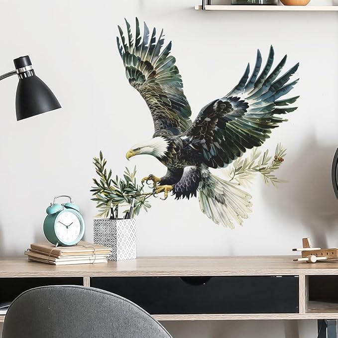 2 PCS Large Eagle Wall Decal Watercolor Flying Bald Eagle Wall Stickers Peel and Stick Removable Animal Wall Art Sticker for Living Room Kids Bedroom Classroom Office Decor