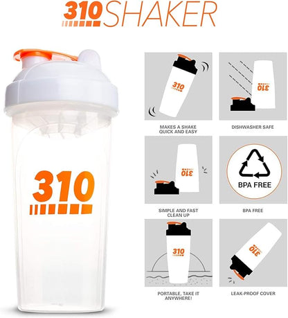 310 Nutrition Protein Shaker Bottle Meal Replacement Blender Cup For Mixing Protein Powders, Lemonade Mix, And Pre Workout (Clear w/White Lid)