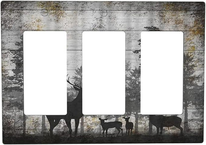 Rustic Deer Forest Vintage Wood Board 3 Gang Rocker Boho Light Switch Covers Decorative Country Unique Triple Outlet Wall Plate Cover Faceplate Decorative Switchplate GFCI for Farmhouse