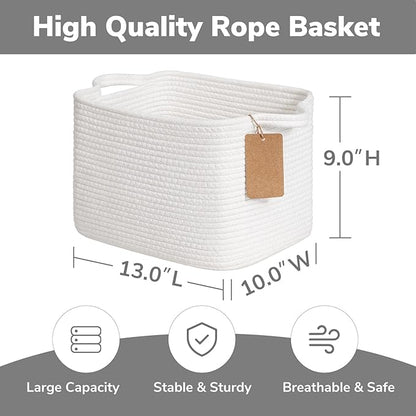 Goodpick Rope Basket, Storage Baskets for Organizing, Rectangle Baby Nursery basket with Handles, Small Woven Basket for Shelves, Living Room, 13 x 10 x 9 Inches, White
