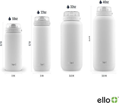 Ello Cooper 32oz Stainless Steel Water Bottle with Straw and Carry Handle, Double Walled and Vacuum Insulated Metal, Leak Proof Locking Lid with Soft Silicone Spout, Reusable, BPA Free, White
