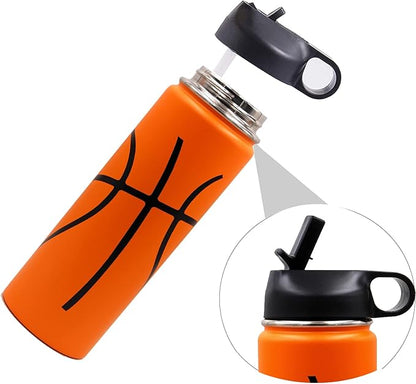 22 oz Basketball Water Bottle, Metal Thermo Bottle with 2 Lids 18/8 Stainless Steel Tumbler Double Wall Vacuum Insulated Flask for Gym, Travel, Sports (22oz, Basketball)