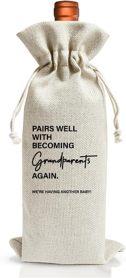 Grandparents Gifts Wine Bag, Bags Gift For New Grandpa Grandma Grandparents Aunt Uncle Baby Announcement Wine Gift, Baby Announcement Cotton Burlap Wine Bag