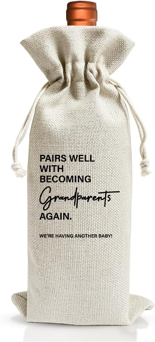 Grandparents Gifts Wine Bag, Bags Gift For New Grandpa Grandma Grandparents Aunt Uncle Baby Announcement Wine Gift, Baby Announcement Cotton Burlap Wine Bag